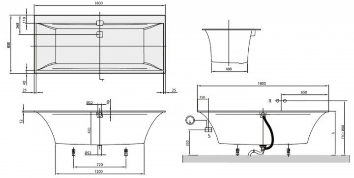 Ванна кварилова Villeroy&Boch Squaro Edge 12, 180х80 (UBQ180SQE2DV-01)