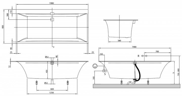 Ванна кварилова Villeroy&Boch Squaro Edge 12, 190х90 (UBQ190SQE2DV-01)