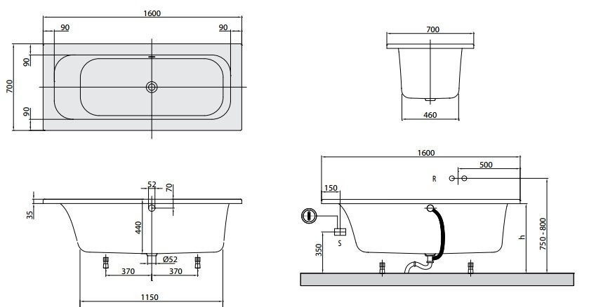 Ванна акрилова Villeroy&Boch Loop&Friends Square, 160х70 (UBA167LFS2V-96)