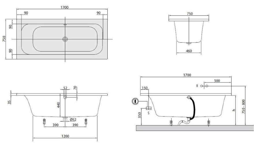 Ванна акриловая Villeroy&Boch Loop&Friends Square, 170х75 (UBA170LFS2V-01)