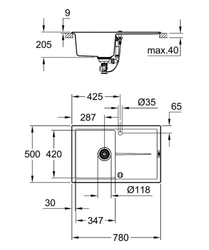 Кухонная мойка гранитная Grohe K400, 78x50, черный (31639AP0)