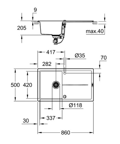 Кухонная мойка гранитная Grohe K400, 86x50, серый (31640AT0)