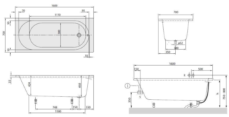 Ванна акрилова Villeroy&Boch O.novo, 160х70 (UBA160CAS2V-01)