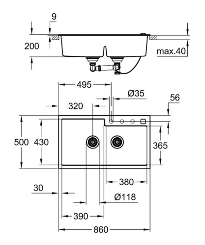 Кухонная мойка гранитная Grohe K500, 86x50, черный (31649AP0)