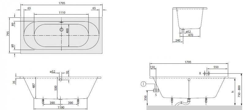 Ванна акрилова Villeroy&Boch O.novo, 180х80 (UBA180CAS2V-96)